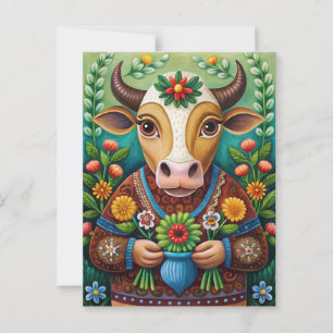 Carte Postale Vache en art folklorique joyeux anniversaire