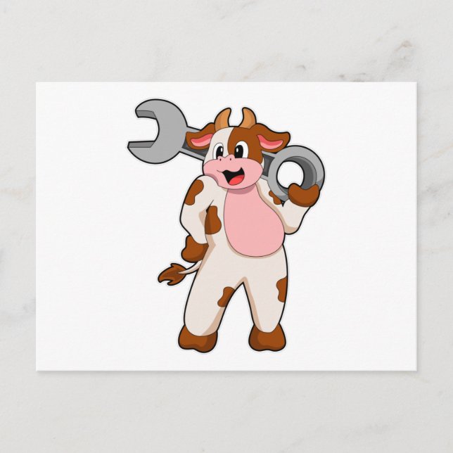 Carte Postale Vache en mécanicien avec clé à écrou (Devant)