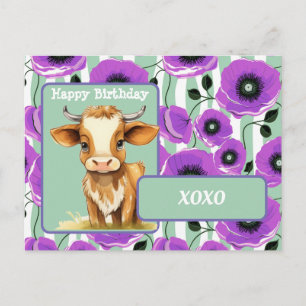 Carte Postale Vache et Coquelicots XOXO Joyeux Anniversaire