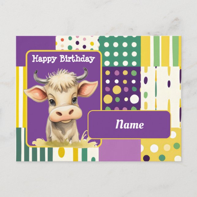 Carte Postale Vache et points et lignes rétro Joyeux Anniversair (Devant)