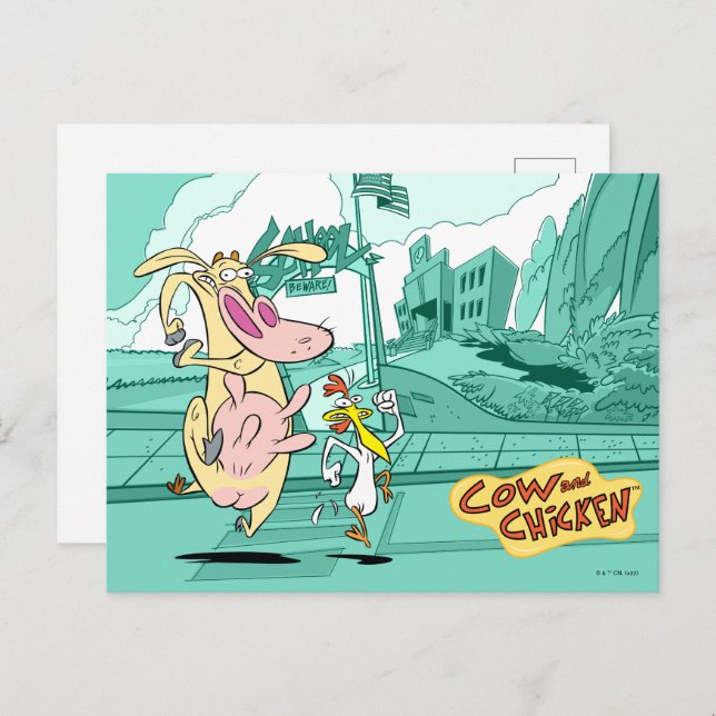 Carte Postale Vache et poulet à courir graphique (Devant / Derrière)