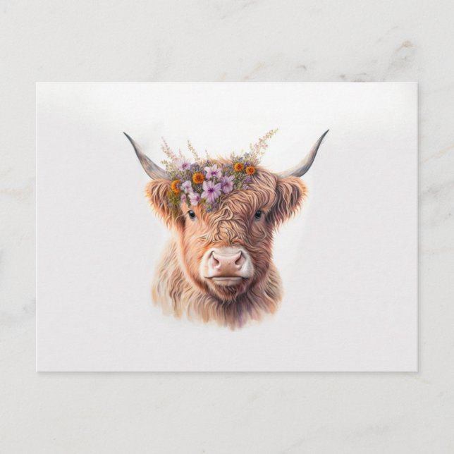 Carte Postale Vache Highland avec aquarelle de la Couronne flora (Devant)