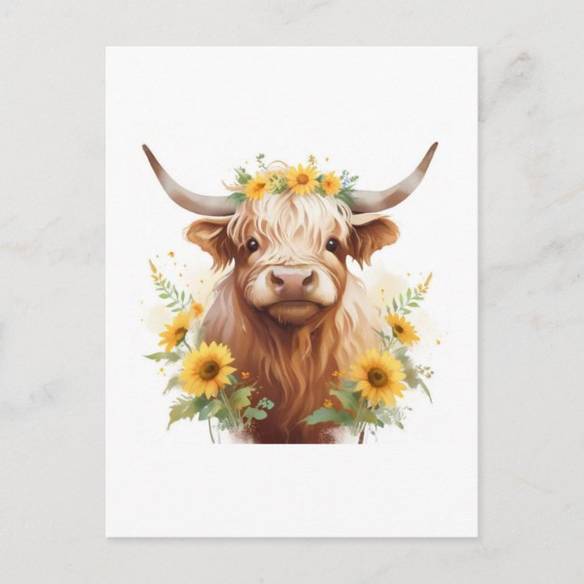 Carte Postale Vache Highland avec Couronne de fleurs de tourneso (Devant)