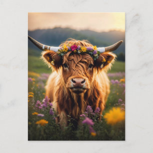 Carte Postale Vache Highland Avec Couronne Fleur Colorée
