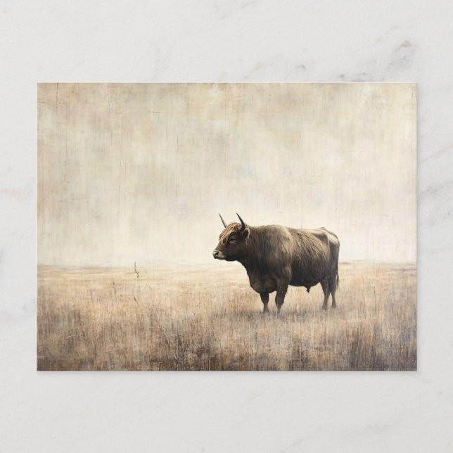 Carte Postale Vache Highland dans un champ de Sepia (Devant)
