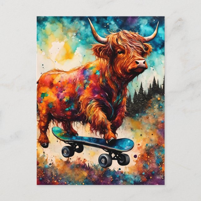 Carte Postale Vache Highland de skateboard mignonne (Devant)