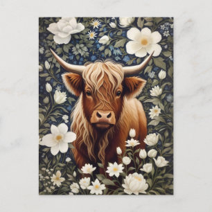 Carte Postale Vache Highland Élégant Blanc Floral