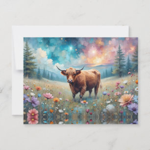 Carte Postale Vache Highland en Tapisserie florale colorée