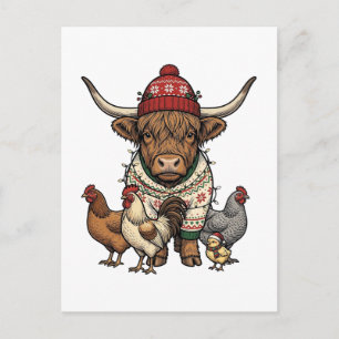 Carte Postale Vache Highland et poulets de Noël Gravure Vintage