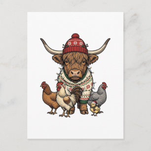 Carte Postale Vache Highland et poulets de Noël Gravure vintage