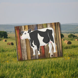 Carte Postale Vache Holstein avec fond de planches anciennes