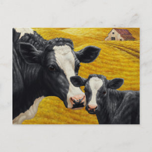 Carte Postale Vache Holstein et veau avec vieille grange en bois