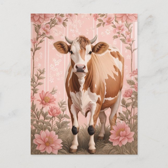 Carte Postale Vache Jersey Adorable Fleur Rose (Devant)
