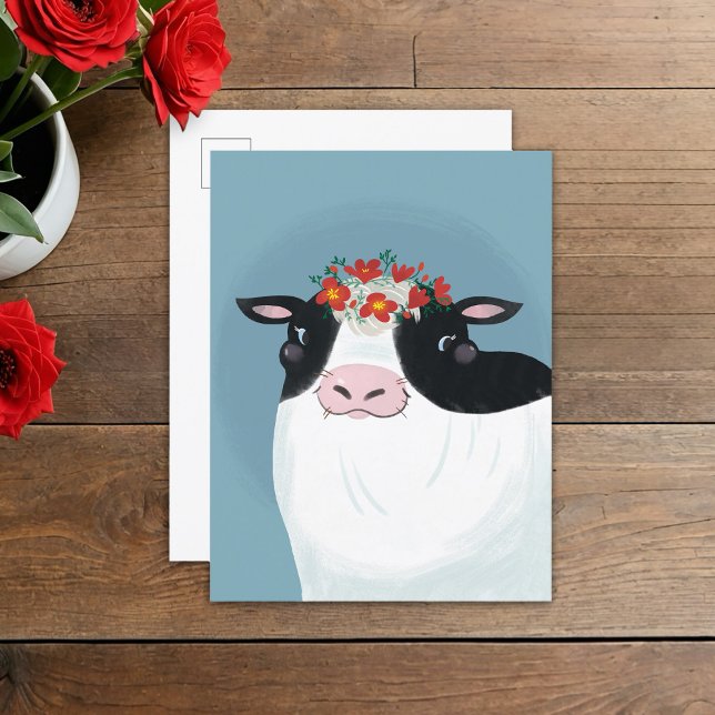 Carte Postale Vache laitière et couronne de fleurs rouges (Créateur téléchargé)