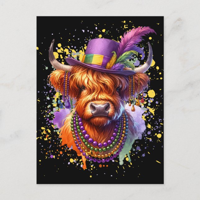 Carte Postale Vache Mardi Gras Highland (Devant)