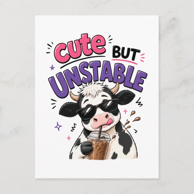 Carte Postale Vache mignonne mais instable avec café glacé (Devant)