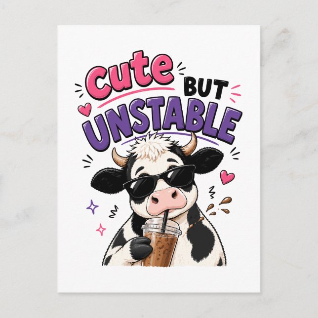 Carte Postale Vache mignonne mais instable avec café glacé (Devant)