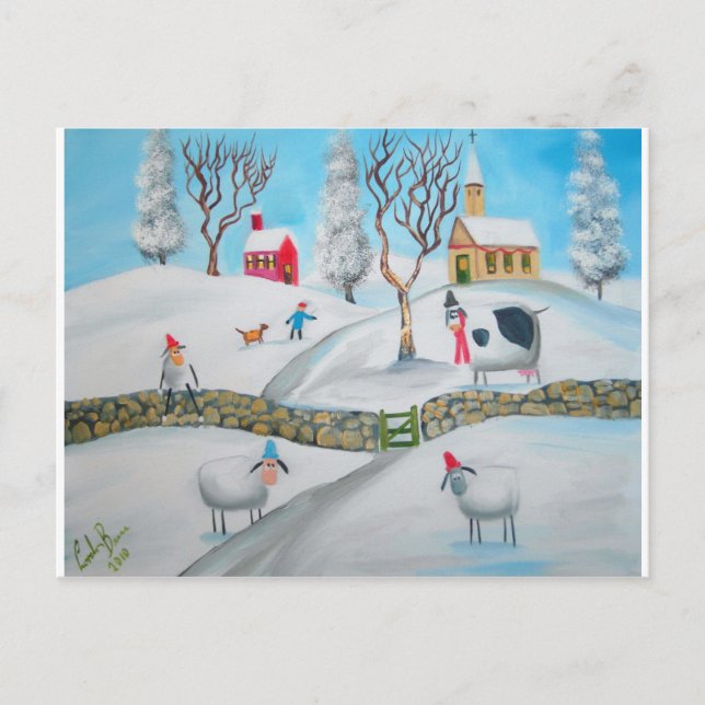 Carte Postale vache mouton hiver neige scène naïve folk art (Devant)