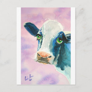 Carte Postale Vache visage avec yeux verts aquarelle peinture
