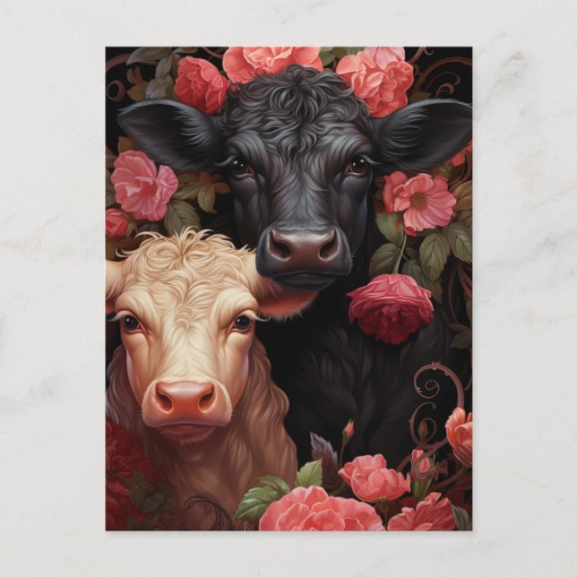Carte Postale Vaches dans les fleurs roses (Devant)