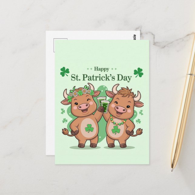 Carte Postale Vaches de Jour de la Saint Patrick mignonnes (Devant/Arrière en situation)