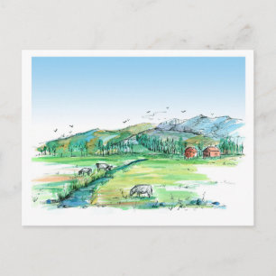 Carte Postale Vaches ferme animal rouge grange Faire-part de dép