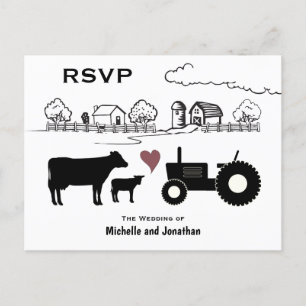Carte Postale Vaches mignonnes et tracteur Country Farm Wedding
