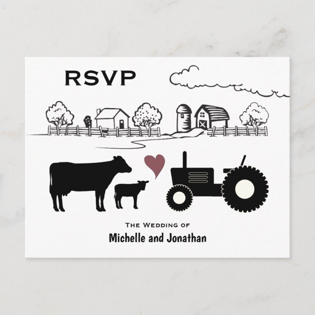 Carte Postale Vaches mignonnes et tracteur Country Farm Wedding  (Devant)
