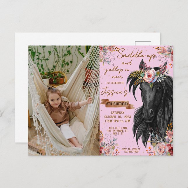 Carte Postale Vachette fille anniversaire cheval aquarelle (Devant / Derrière)