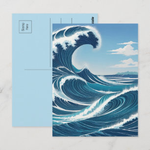 Carte Postale Vague de l'océan bleu avec ciel bleu et nuage blan