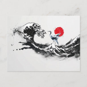 Carte Postale Vague japonaise, Héron, art de peinture minimal