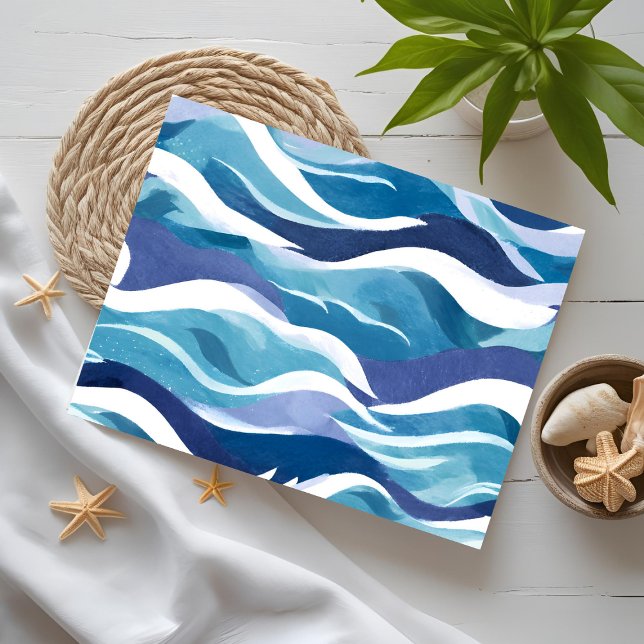 Carte Postale Vagues de l'océan bleu | Aquarelle moderne et simp (Créateur téléchargé)