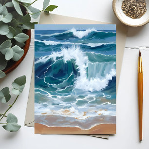 Carte Postale Vagues de l'océan déferlantes   Aquarelle bleue cô