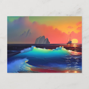 Carte Postale Vagues de Téâl Éthérées, Navire et Coucher de Sole