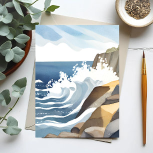 Carte Postale Vagues déferlantes Rivage côtier rocheux Aquarel