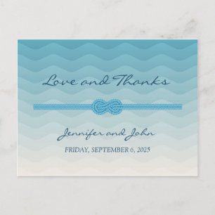 Carte Postale Vagues et nœud de mariage bleu ombré moderne Merci