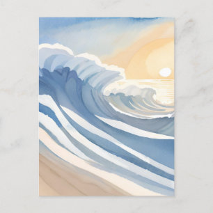 Carte Postale Vagues océaniques   Aquarelle bleue