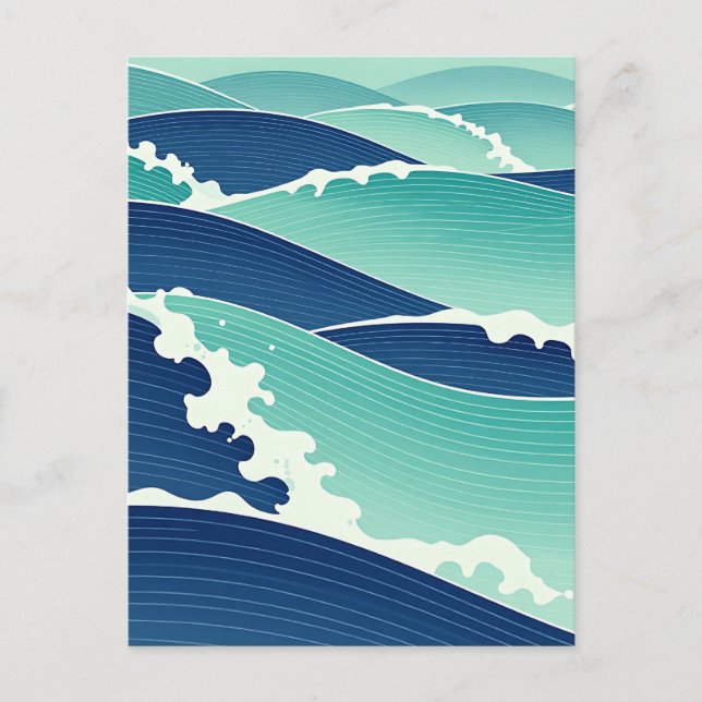 Carte Postale Vagues océaniques bleu sarcelle de style japonais (Devant)