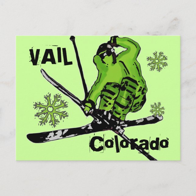 Carte postale Vail Colorado néon vert thème skieur (Devant)