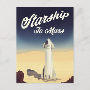 Carte Postale Vaisseau spatial vers Mars, voyage spatial de styl