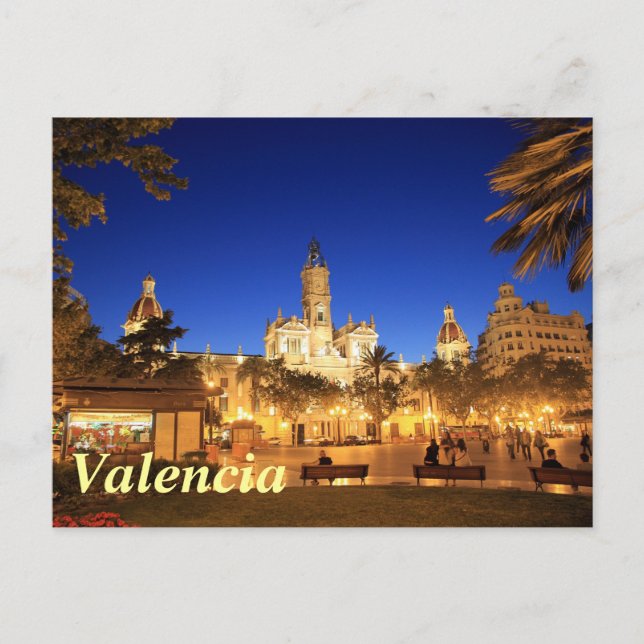 Carte Postale Valence : Plaza Ayuntamiento par nuit (Devant)