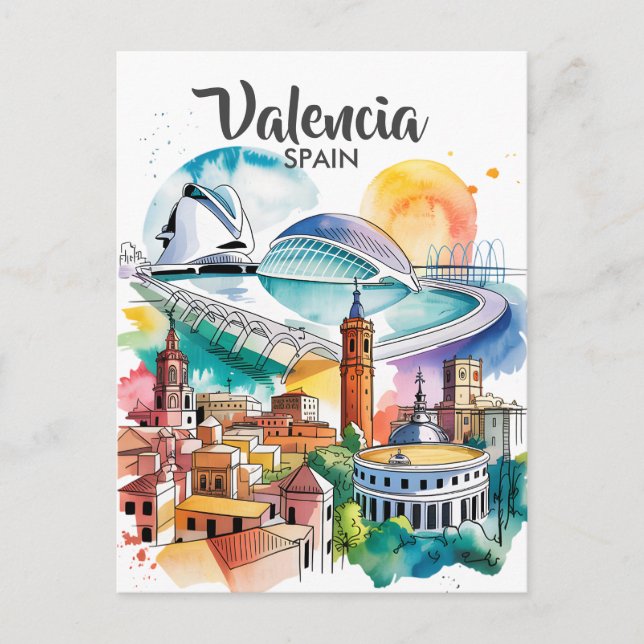 Carte Postale Valencia Spain Cityscape Watercolor Travel Custom (Devant)