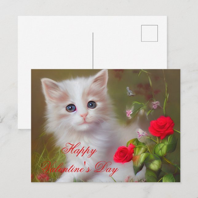 Carte Postale Valentin chaton mignon et roses (Devant / Derrière)