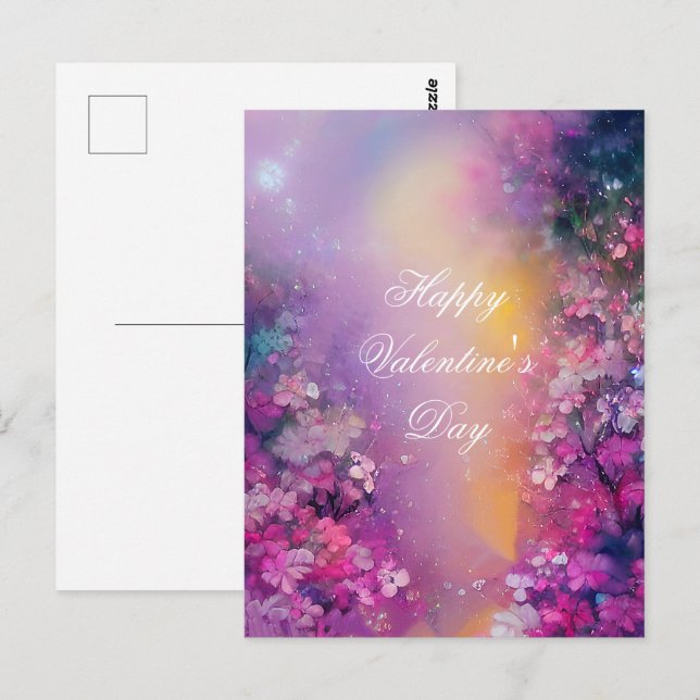 Carte Postale Valentin floral brumeux rose et violet (Devant / Derrière)
