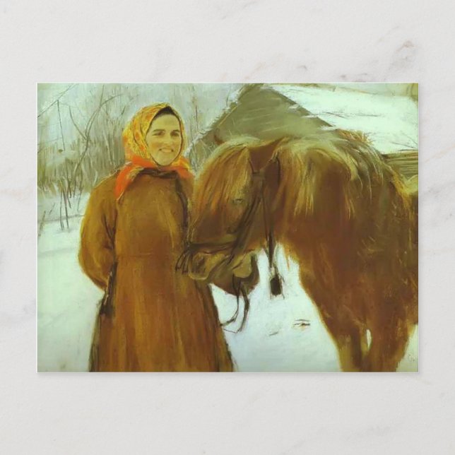 Carte Postale Valentin Serov - Femme paysanne avec un cheval (Devant)