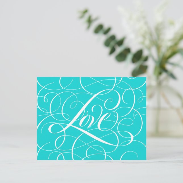 Carte Postale Valentine Calligraphie Amour Coeur Turquoise Aqua  (Debout devant)