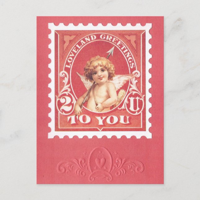 Carte Postale Valentine Salutations Cupide Timbre Rouge (Devant)