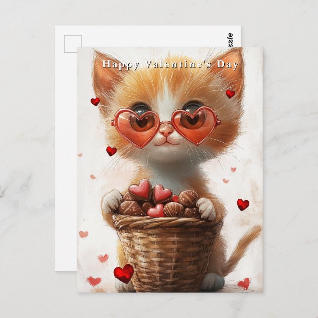 Carte Postale Valentine's Day Ginger Cat Basket Hearts  (Devant / Derrière)