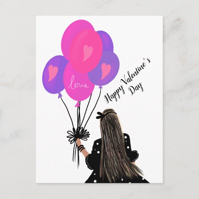Carte Postale Valentines Jour Balloon Chic Girl Illustration ros (Devant)