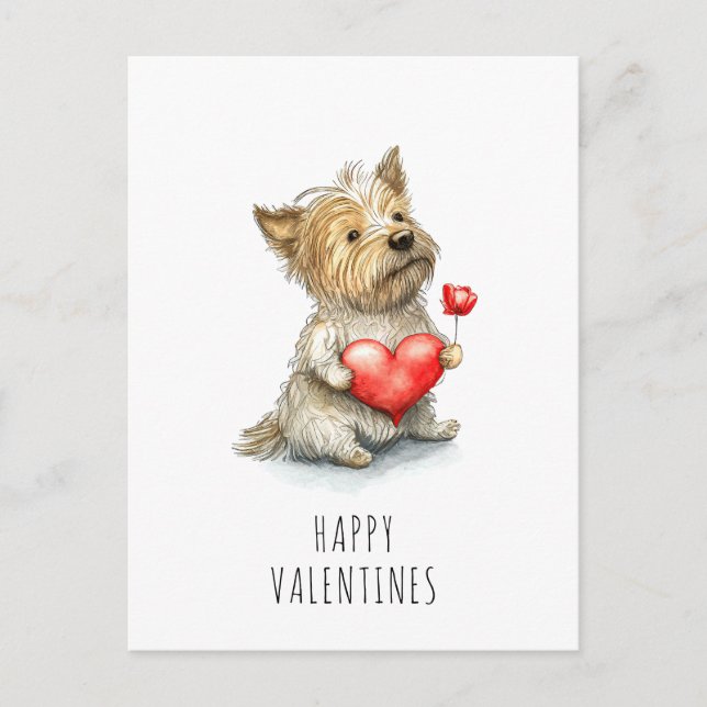 Carte Postale Valentines Jour Chien tenant Coeur Aquarelle Douce (Devant)